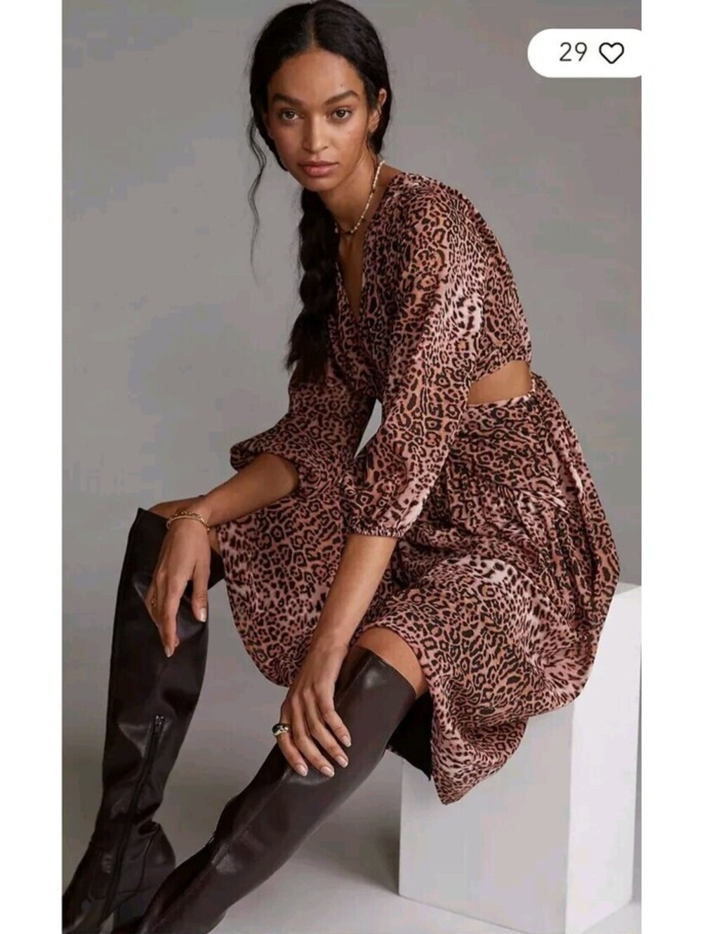 Anthropologie Small Ranna Gill Printed Cut Out Midi Dress Leopard Print Brown